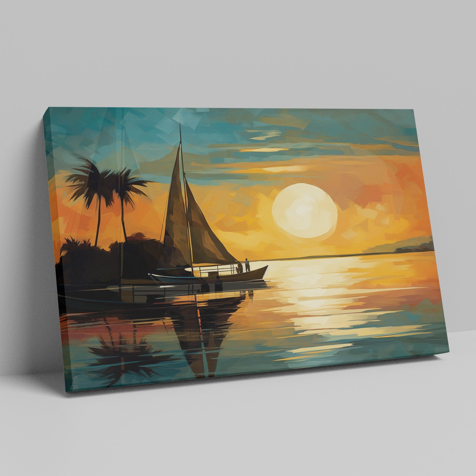 Abstract tropical sunset with a silhouetted sailboat at sea under a large sun with palm trees and calm water reflections.