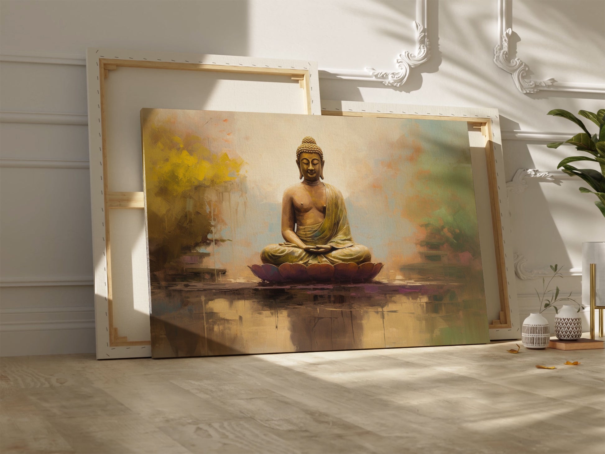 Framed canvas print of serene meditating Buddha in golden hues with reflective background