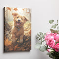 Framed canvas print of a joyful Golden Retriever with autumn leaves in vibrant tones