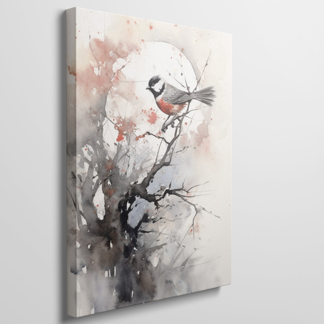 Watercolor painting of a bird on a branch with abstract red and brown splashes on a white background