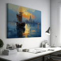 Impressionist Canvas Print of a Sailing Ship at Sunset with Golden and Blue Hues