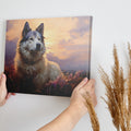 Framed canvas print of a serene dog portrait at sunset with warm amber and lavender tones