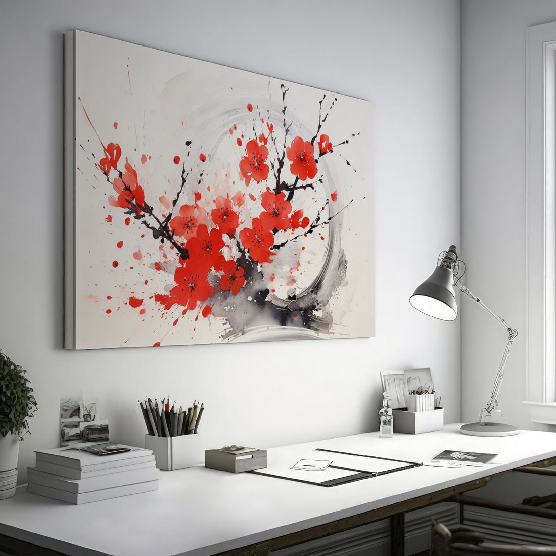 Framed canvas print of abstract ink wash cherry blossoms in vibrant red and black