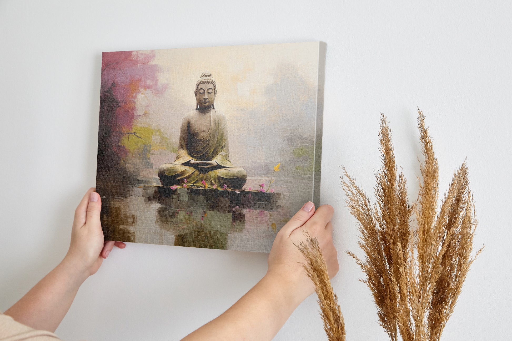 Framed canvas print of a serene Buddha in meditation, with vibrant, reflective water elements and a soft, modern background.