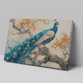 Framed canvas print of a peacock on a tree with autumn leaves