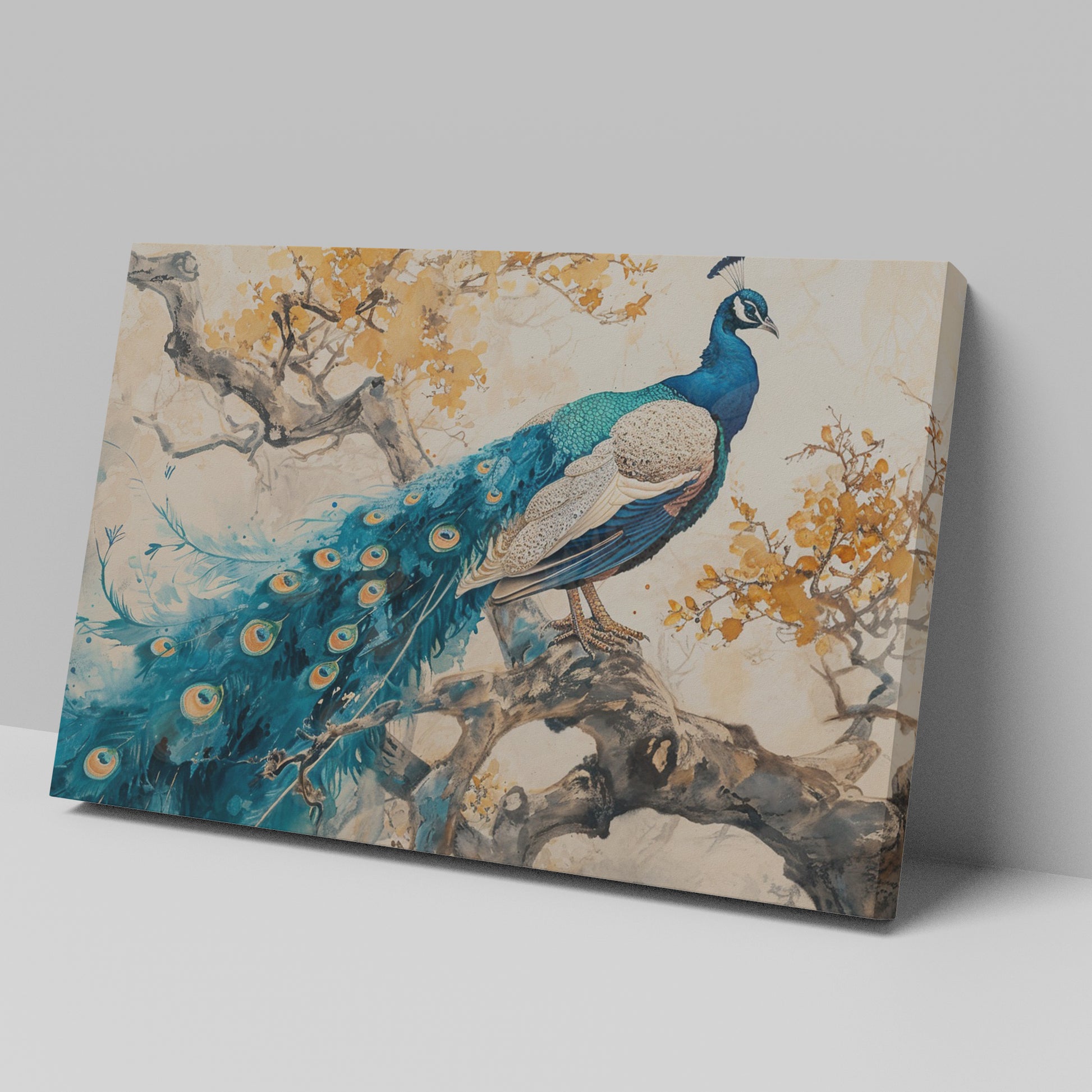 Framed canvas print of a peacock on a tree with autumn leaves