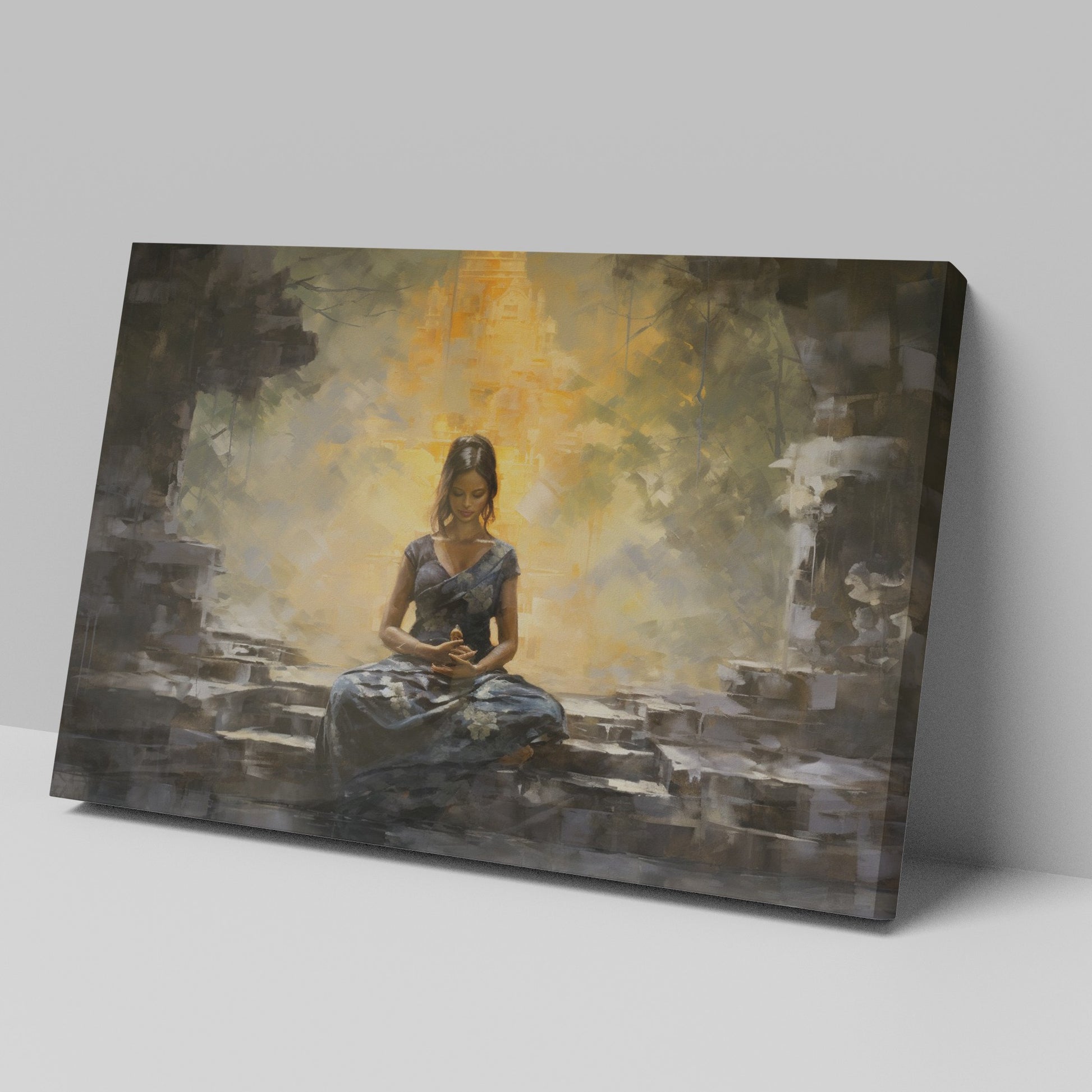 Framed canvas print of a meditative woman at an ancient temple with warm golden hues