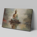 Framed canvas print of a meditative Buddha in warm tones with a reflective water effect