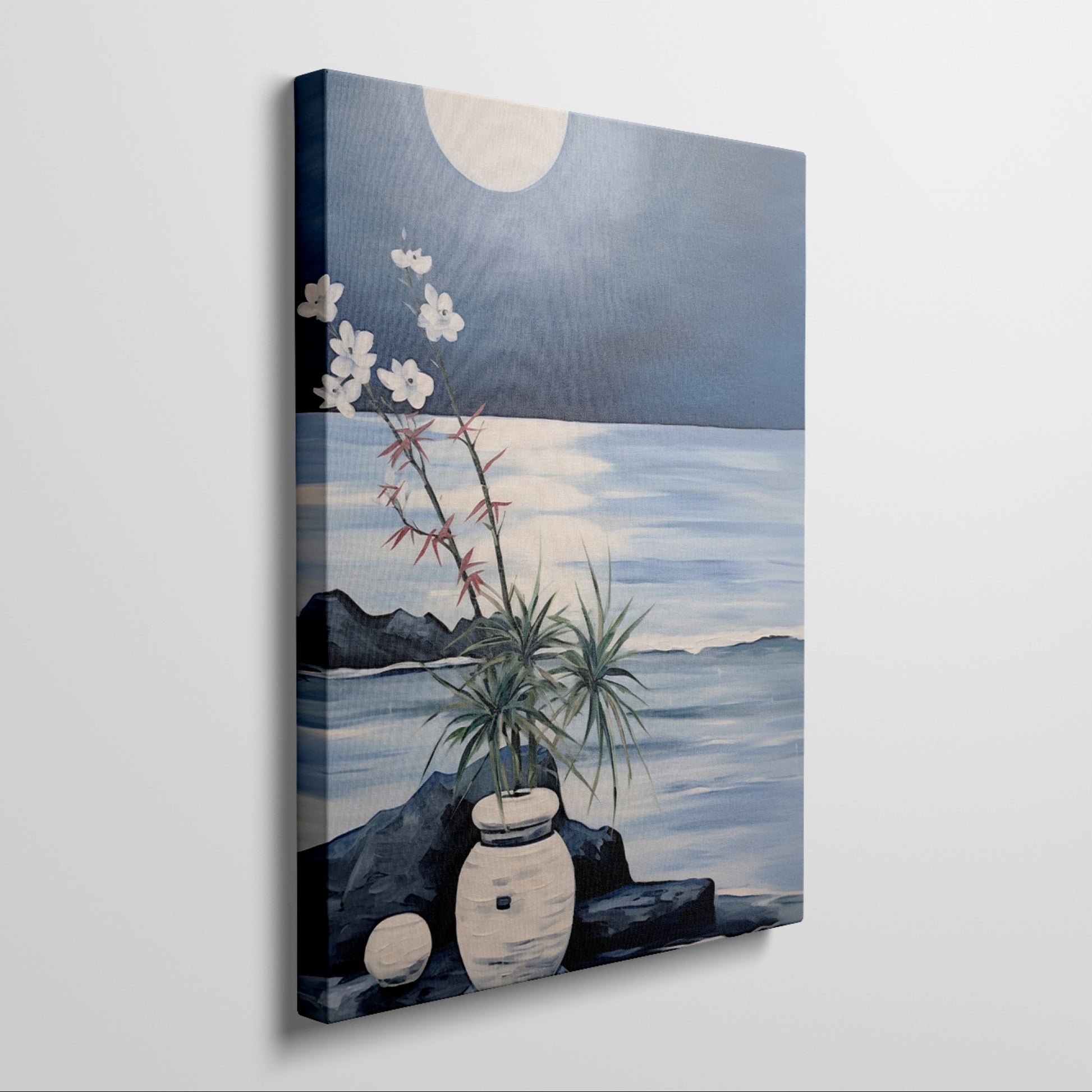 Blue and white moonlit seascape painting with flowers, rocks, and water