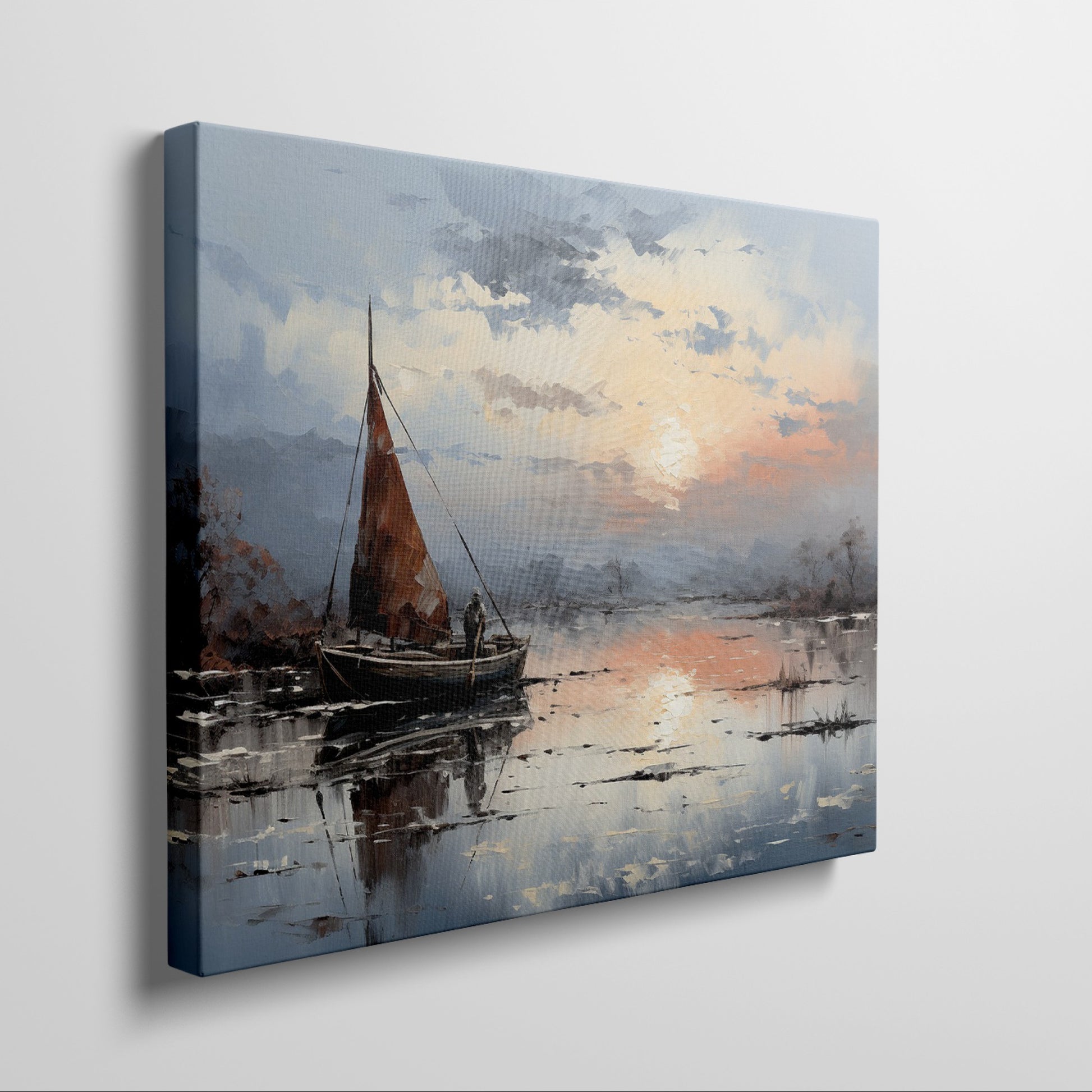 Framed canvas print of impressionist sailboat at sunset with vibrant sky and reflective water