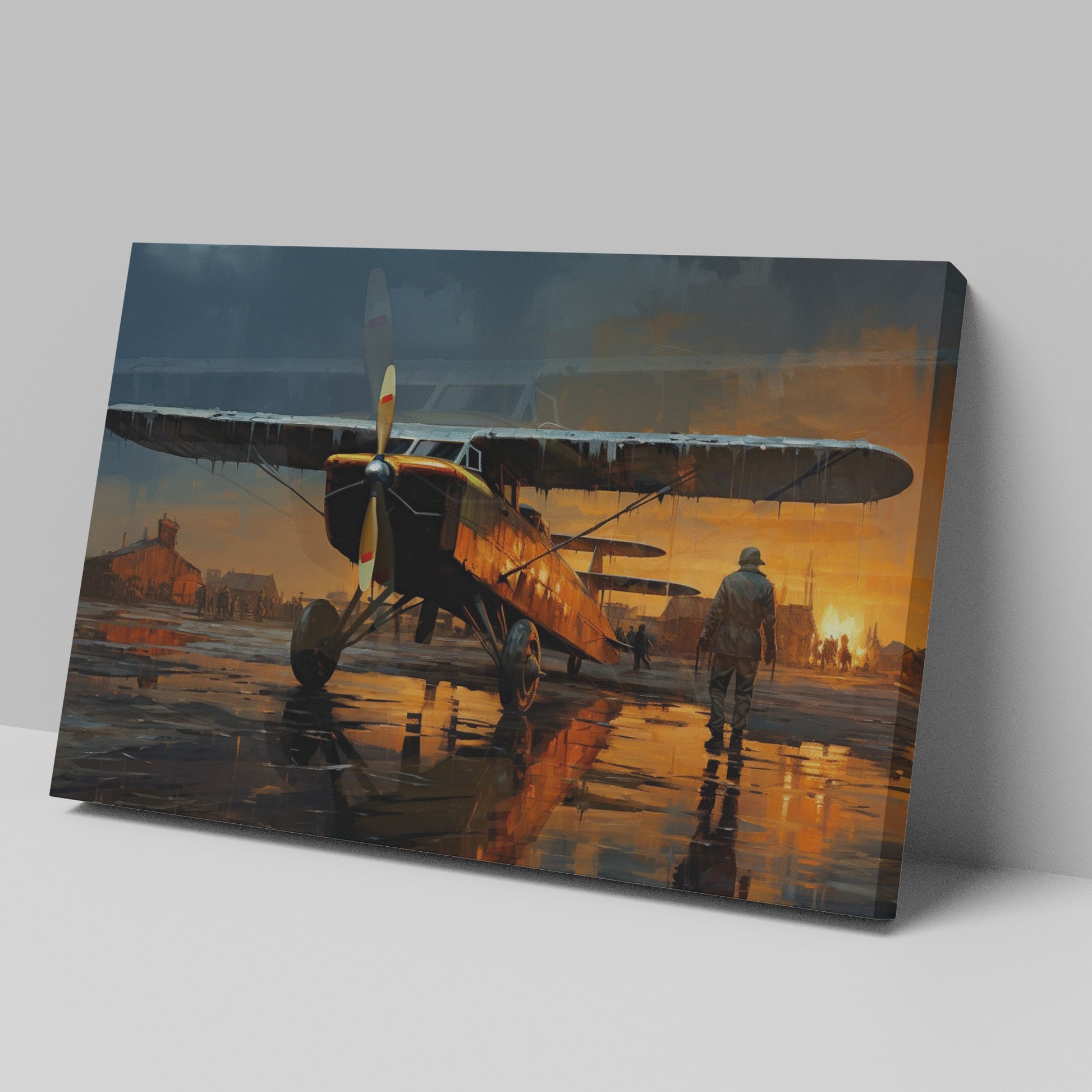 Framed canvas print of a vintage biplane on wet airfield at sunset with pilot walking