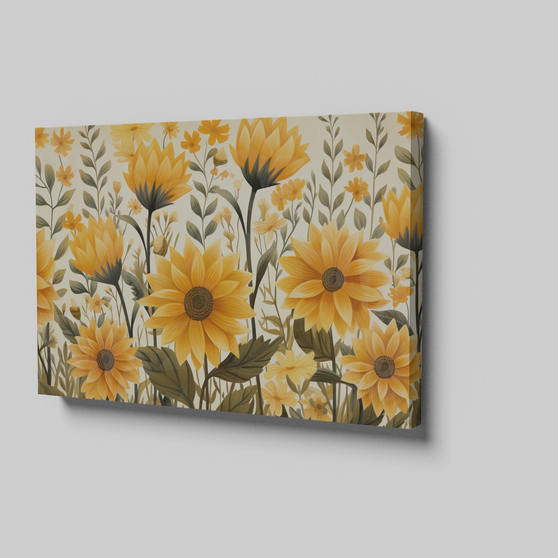 Framed canvas print of golden sunflowers and green foliage on a neutral background