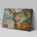 Framed canvas print of a realistic deer portrait with an endearing expression set against a detailed forest landscape