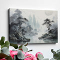 Framed canvas print of Oriental ink wash painting with misty mountains and pagoda