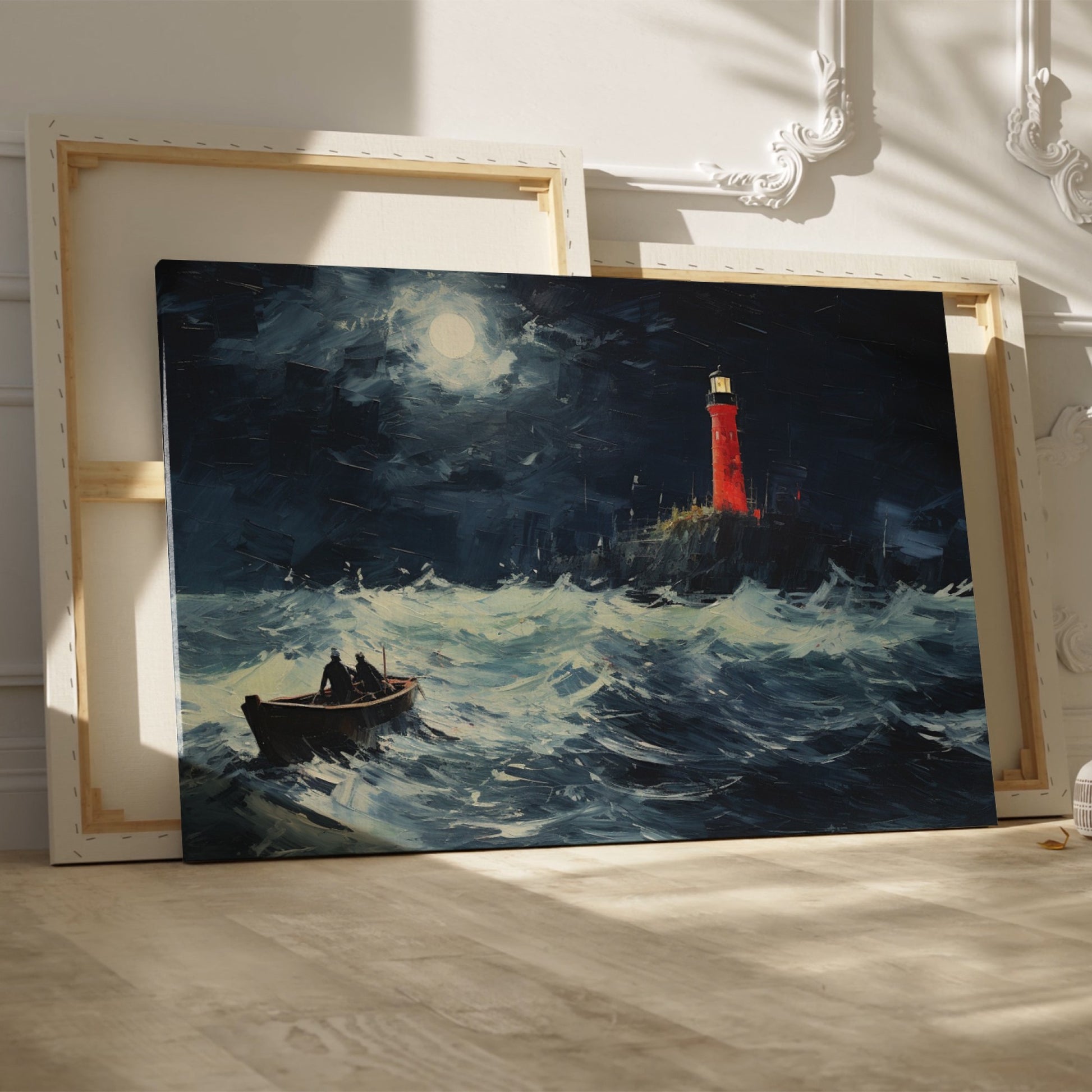 Framed canvas print of a stormy night seascape, with a red lighthouse and sailing boat under a moonlit sky