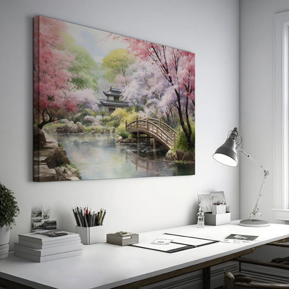 Framed canvas print of a serene Japanese garden with cherry blossoms and traditional architecture
