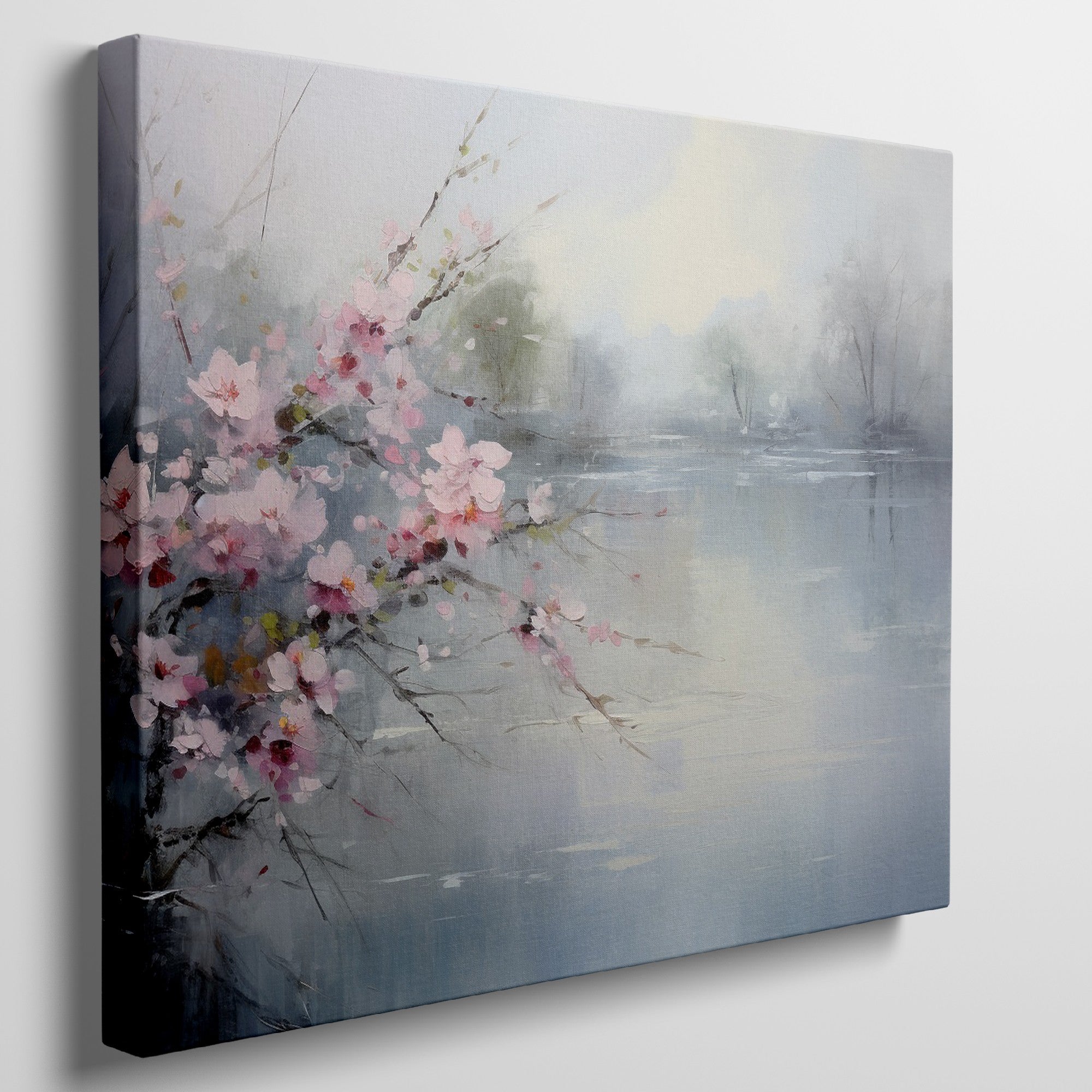 Framed canvas print of impressionist cherry blossoms overlooking a tranquil lake