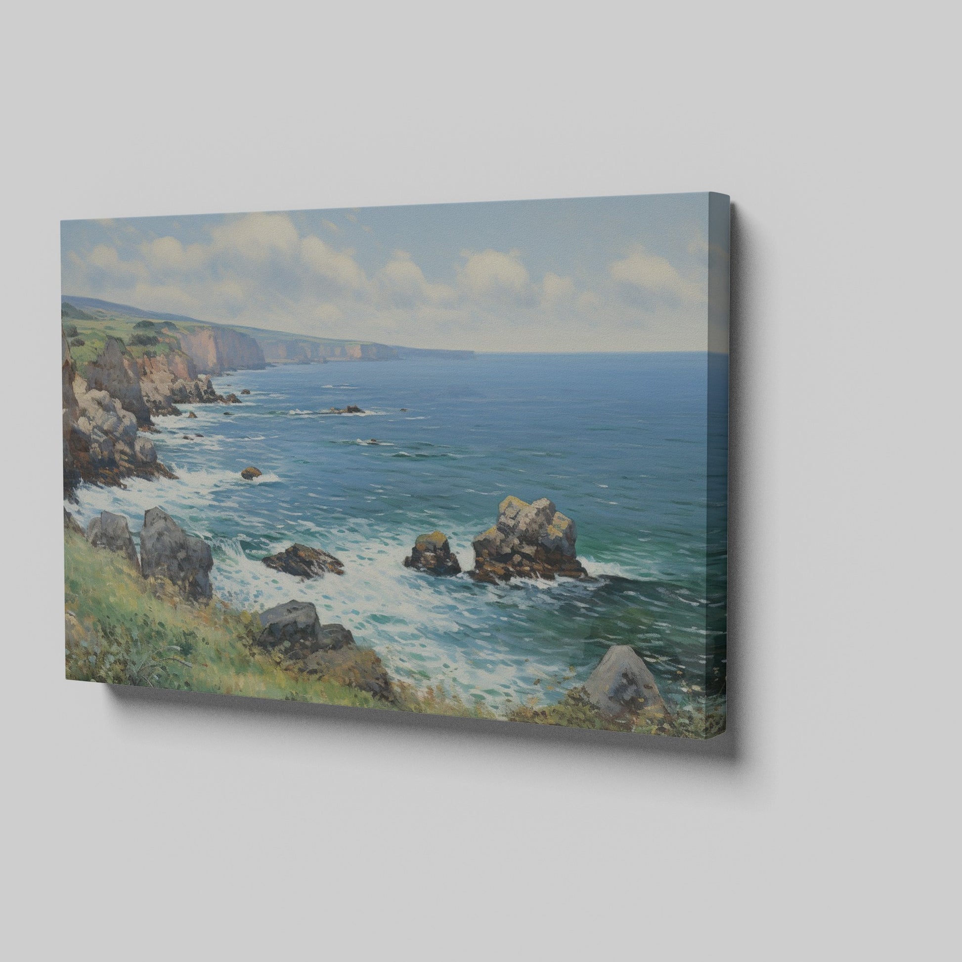 Framed canvas print of a stunning coastal cliff landscape with blue ocean and sunny skies