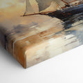 Framed canvas print of an impressionist-style sailing ship at sea during a warm, golden sunset with reflections on the water