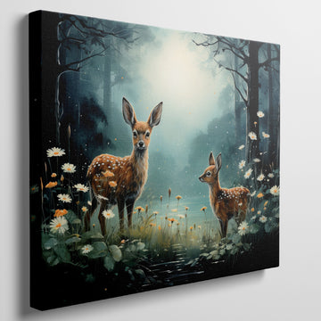 Framed canvas print of two fawns amidst a mystical forest with blooming daisies