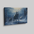 Framed canvas print of a wolf pack under a moonlit sky in a snowy forest