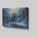 Framed canvas print of a wolf pack under a moonlit sky in a snowy forest