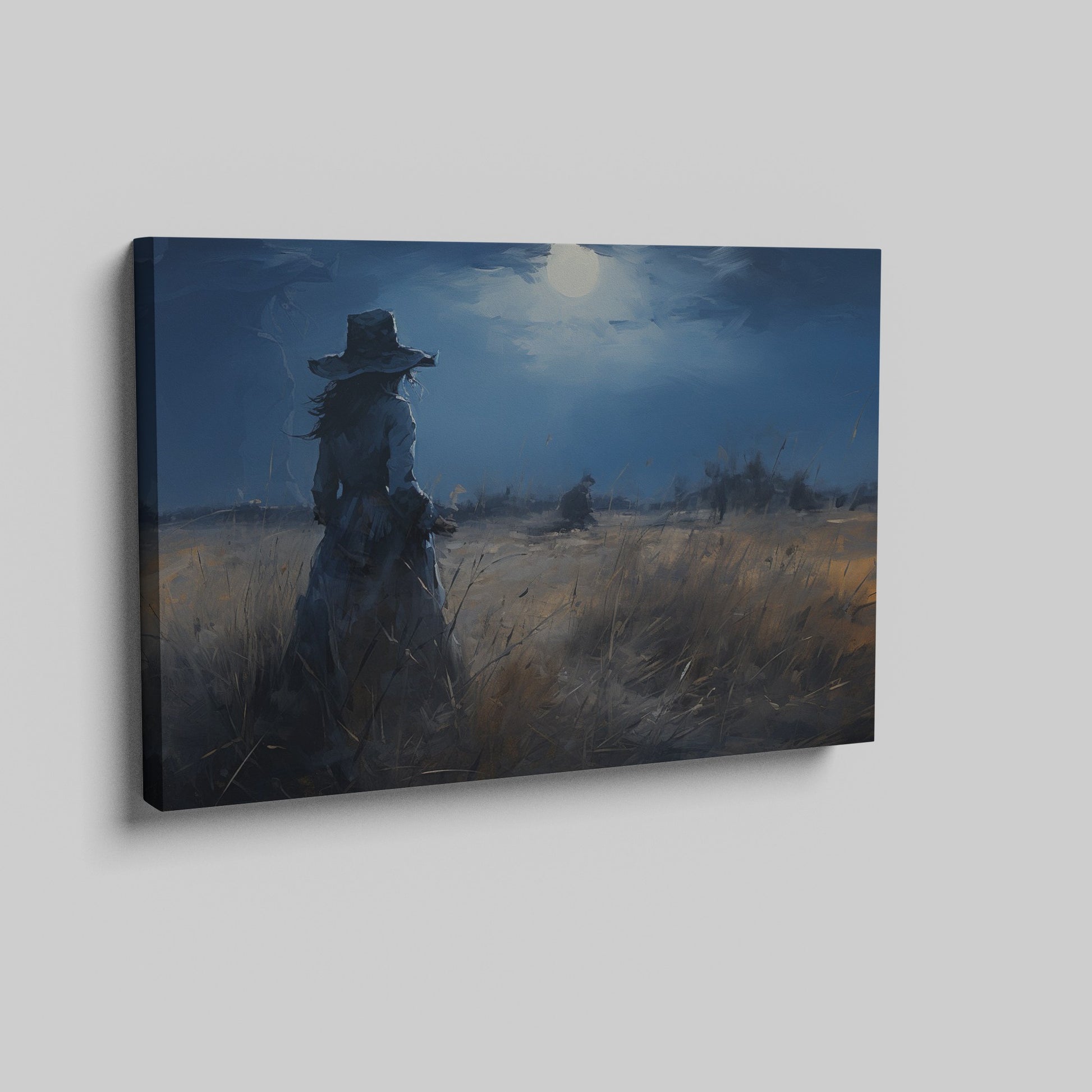 Framed canvas print of a woman in a twilight field under a glowing moon