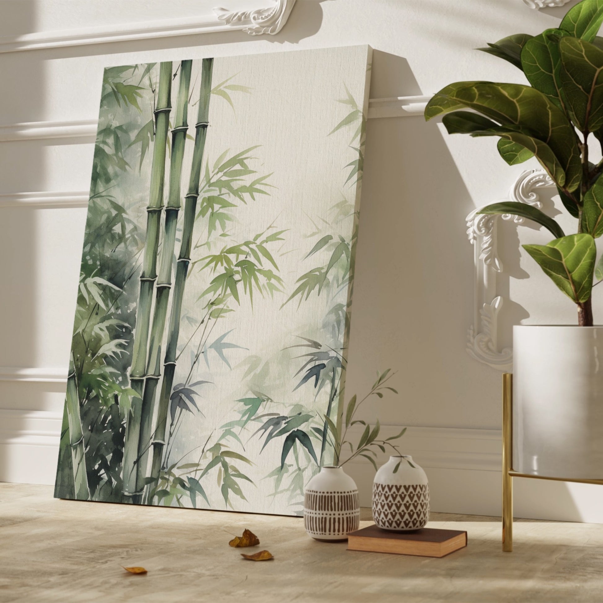 Framed canvas print of serene bamboo in watercolours with soft green shades