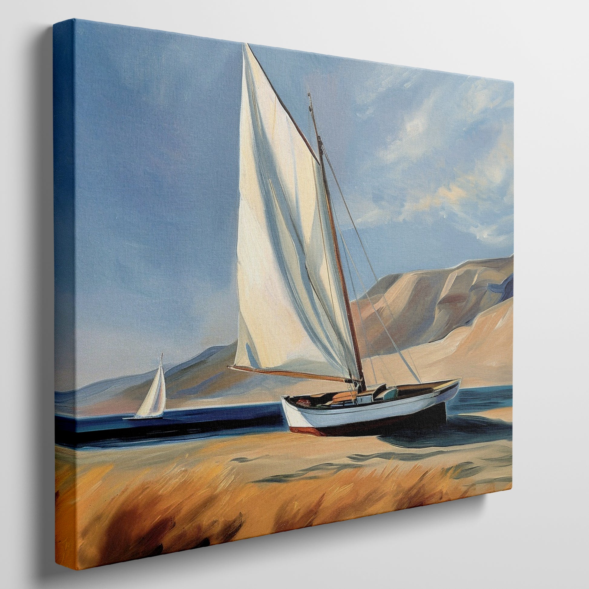 Framed canvas print of sailing boats with white sails against a backdrop of blue skies and dunes