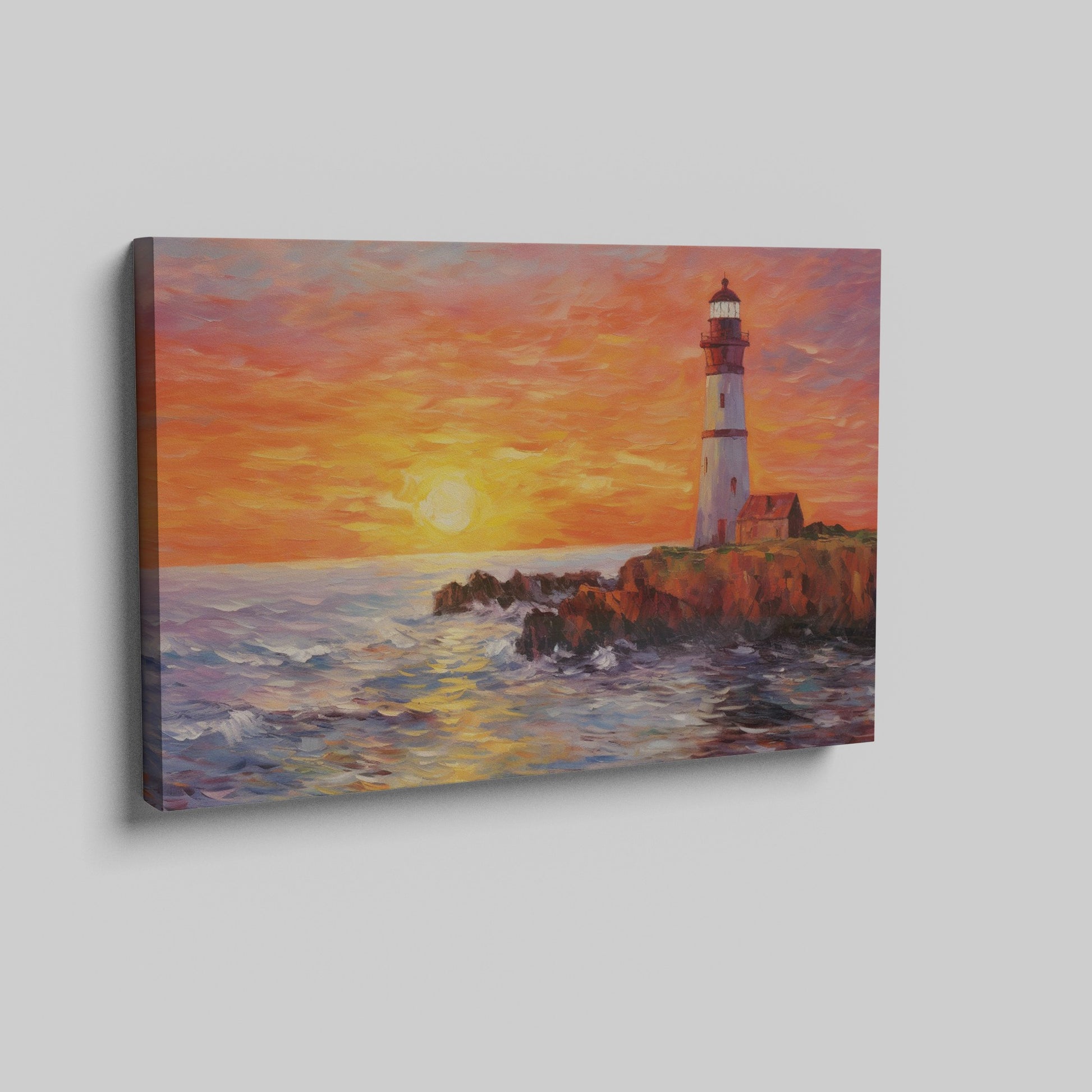 Framed canvas print of a vibrant impasto painting of a lighthouse at sunset with dynamic sea waves and a warm sky