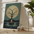 Framed canvas print of a tranquil tree with autumn leaves and glowing candle on a calm lake under a full moon