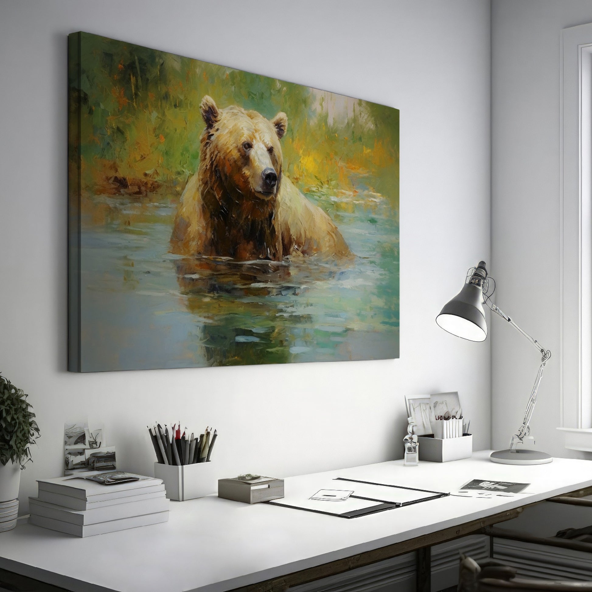 Framed canvas print of an impressionistic painting of a brown bear in a tranquil river setting with lush greenery