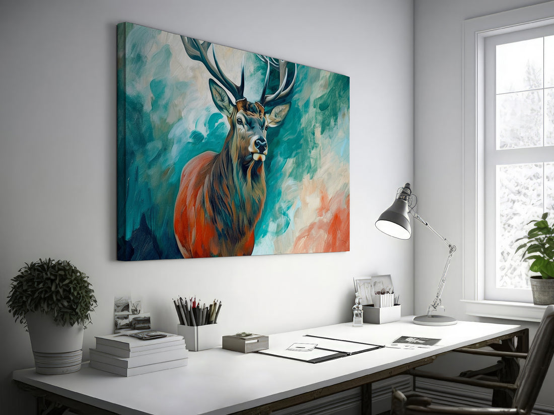 Framed canvas print of a majestic stag with vibrant turquoise and earthy orange tones