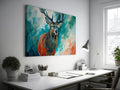 Framed canvas print of a majestic stag with vibrant turquoise and earthy orange tones