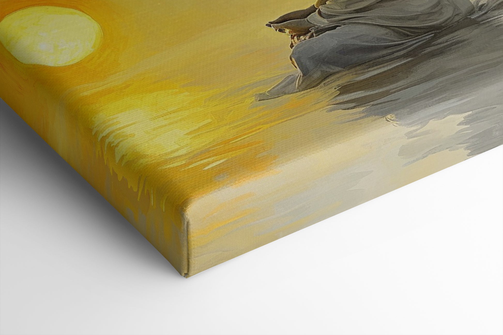 Framed canvas print of a meditative figure with the sun setting over water, reflecting golden tones