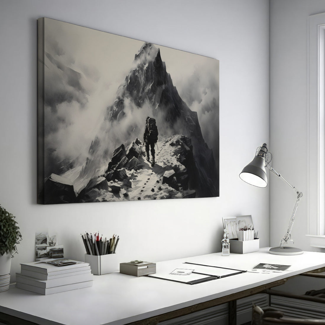 Framed canvas print of a lone mountaineer making their way up a foggy, monochromatic mountain scene