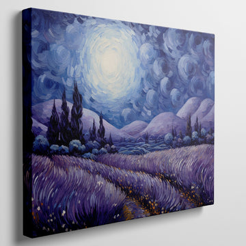 Framed canvas print of an impressionist-inspired landscape with lavender fields and swirling night sky