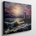 Framed canvas print of a dramatic sunset over a tempestuous sea with a lighthouse