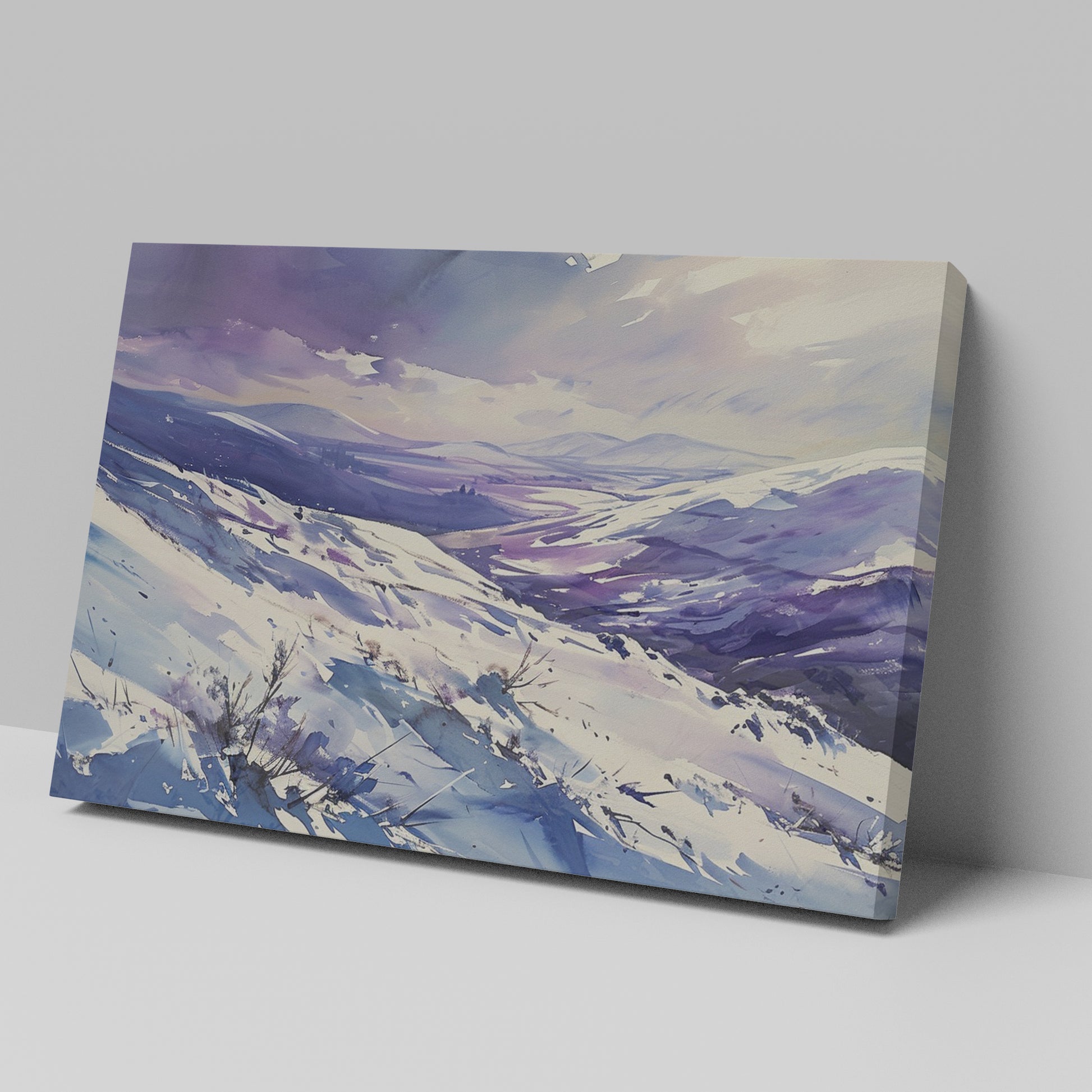 Framed canvas print of a snowy mountain landscape in watercolour with shades of purple and blue