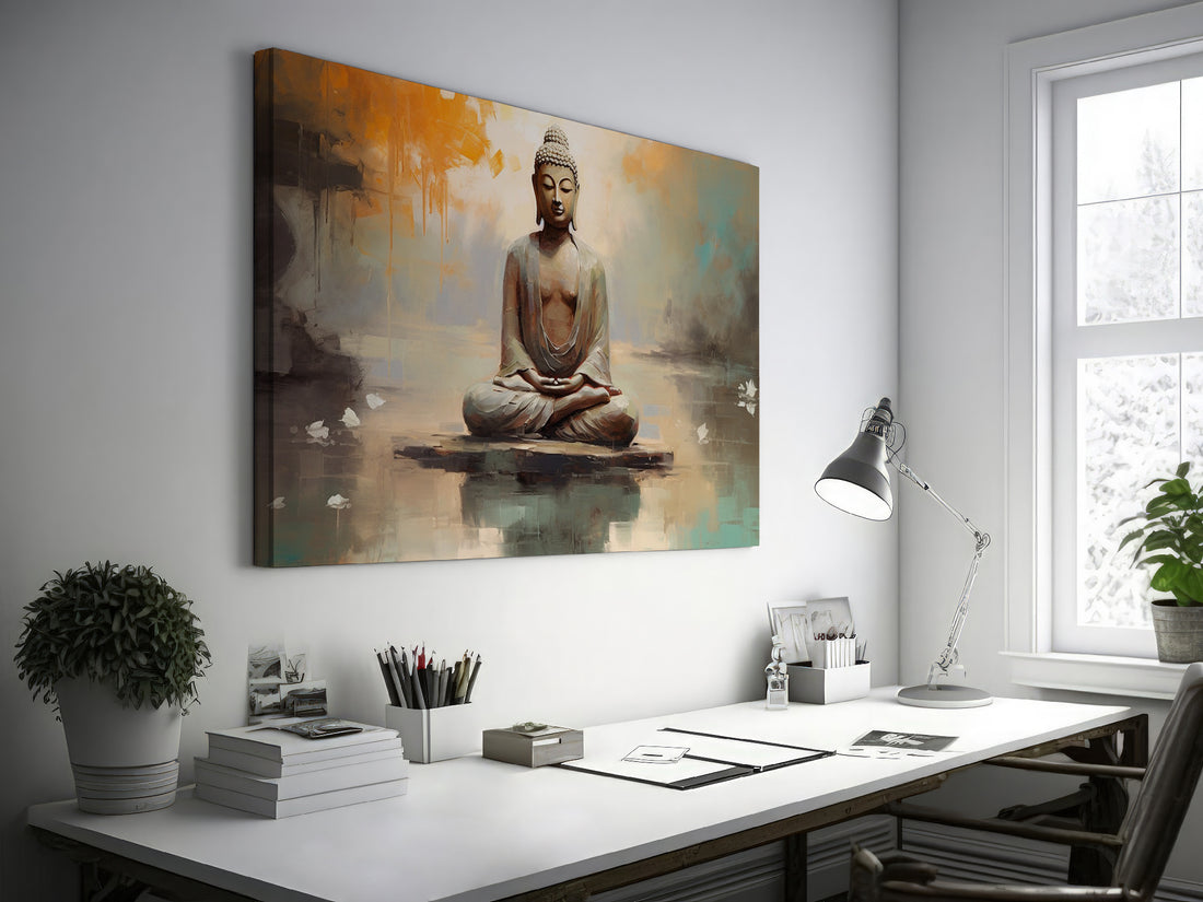 Framed canvas print of serene Buddha in meditative pose with abstract orange and blue background