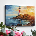 Framed canvas print of a vivid impressionist lighthouse at sunset with dynamic ocean waves