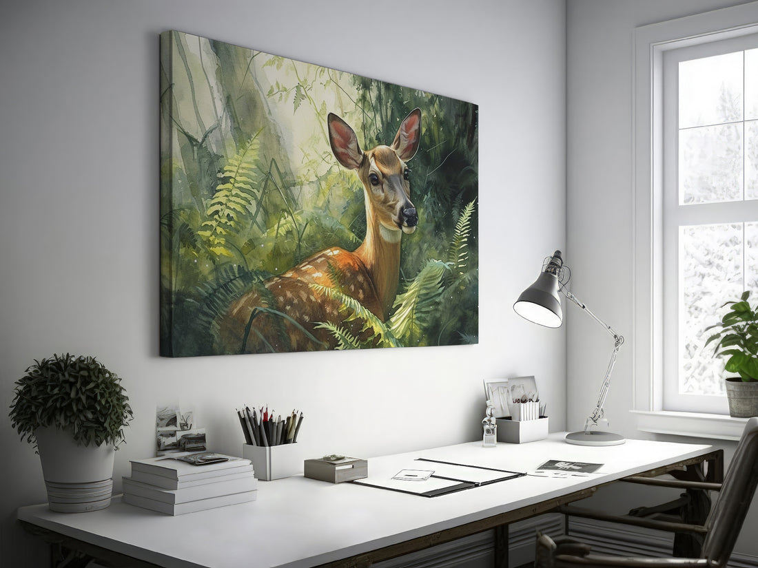 Framed canvas print of a serene deer in a luminous forest watercolour scene