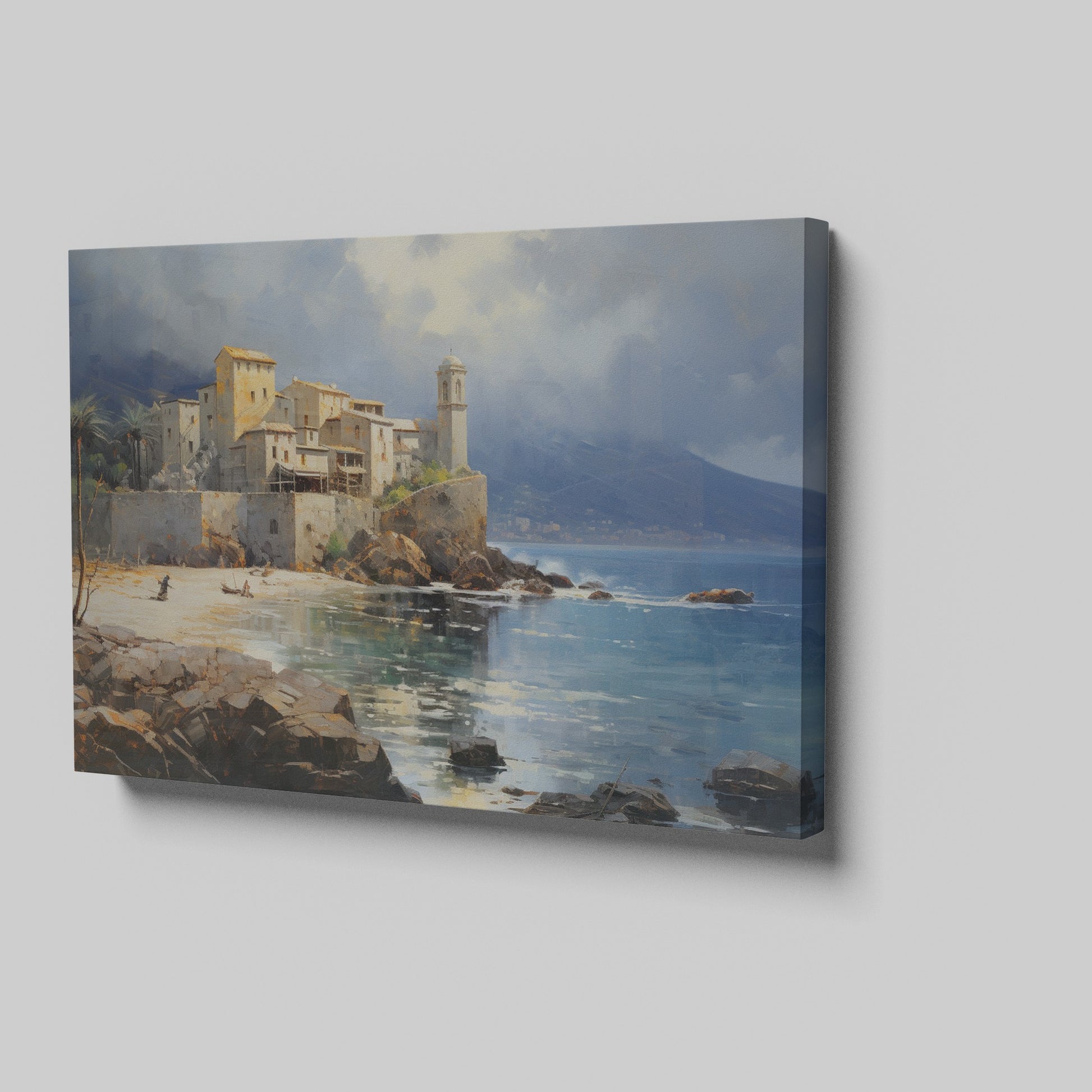 Framed canvas print of a Mediterranean coastal scene with historic buildings and calm blue waters