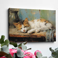 Framed canvas print of a peaceful sleeping cat in warm tones with painterly strokes