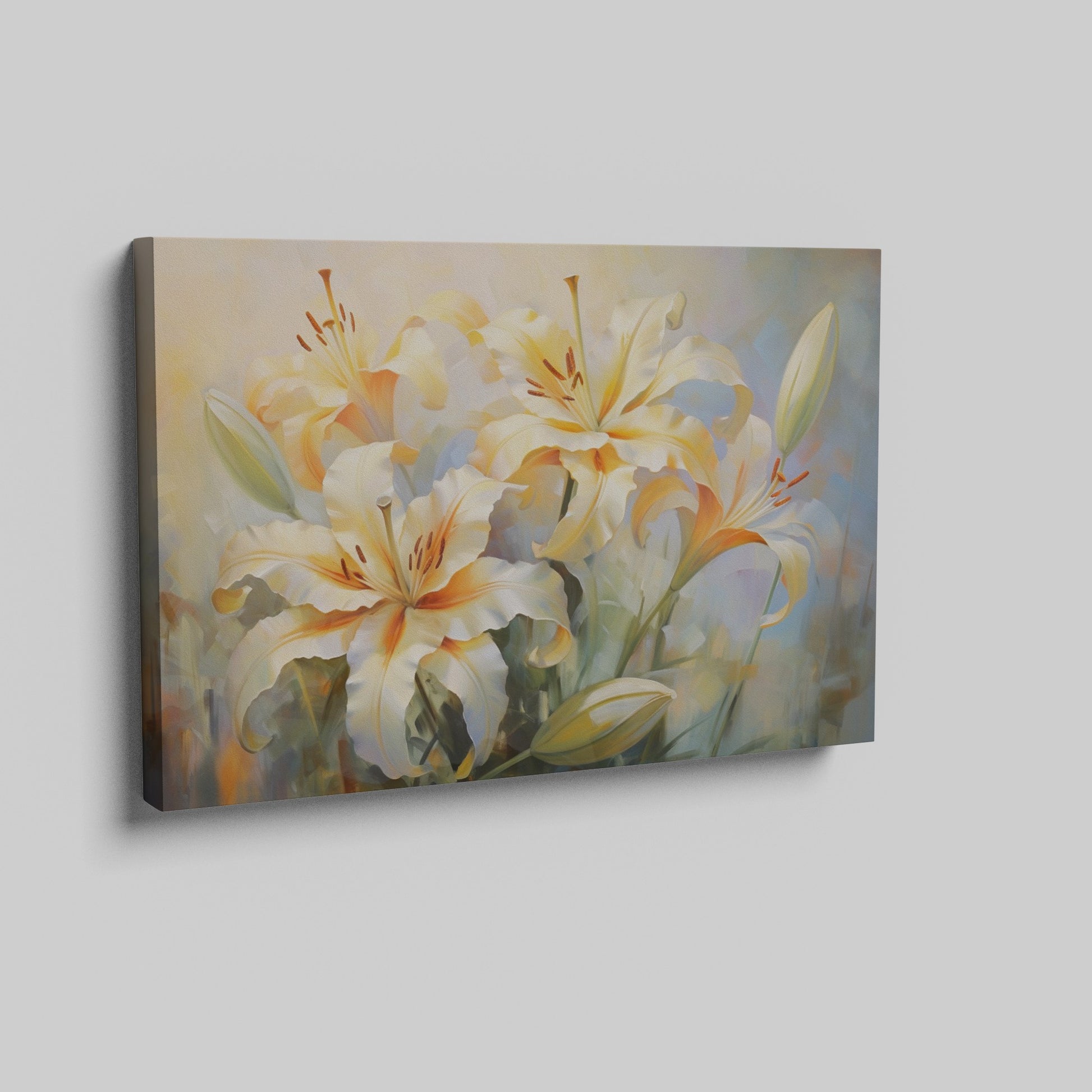 Framed canvas print of impressionist style lilies with soft pastel hues