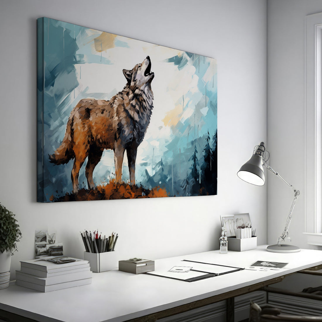 Framed canvas print of a wolf howling in an abstract forest setting