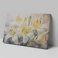 Framed canvas print of realistic white lily flowers with vibrant green foliage on a subtle background