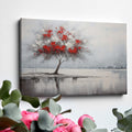 Abstract painting of a lone tree with red and white leaves reflected in water against a grey backdrop