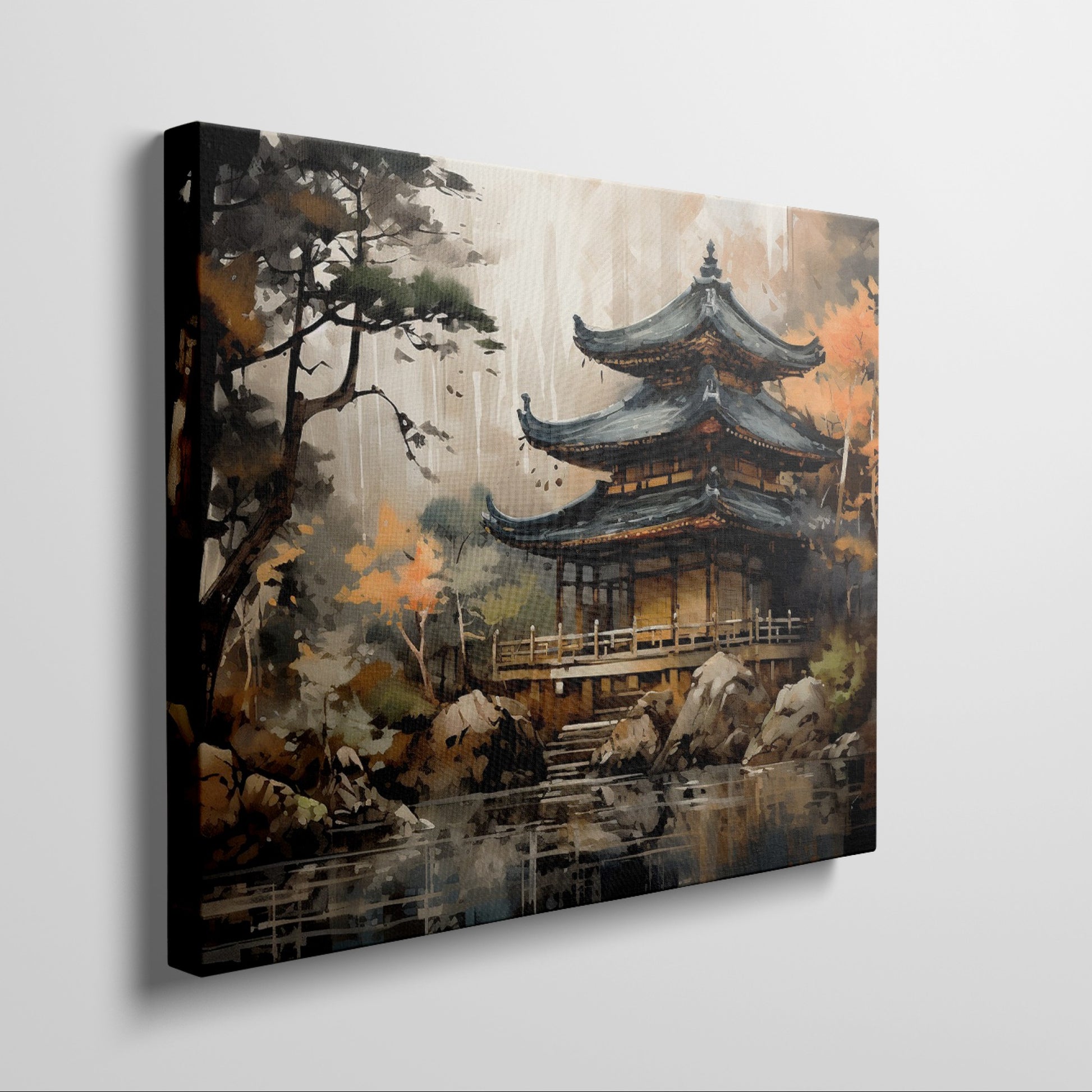 Framed canvas print of an oriental pagoda surrounded by autumn trees and reflection on water