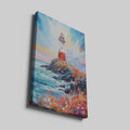 Framed canvas print of a vibrant impressionist seascape with a lighthouse at sunset